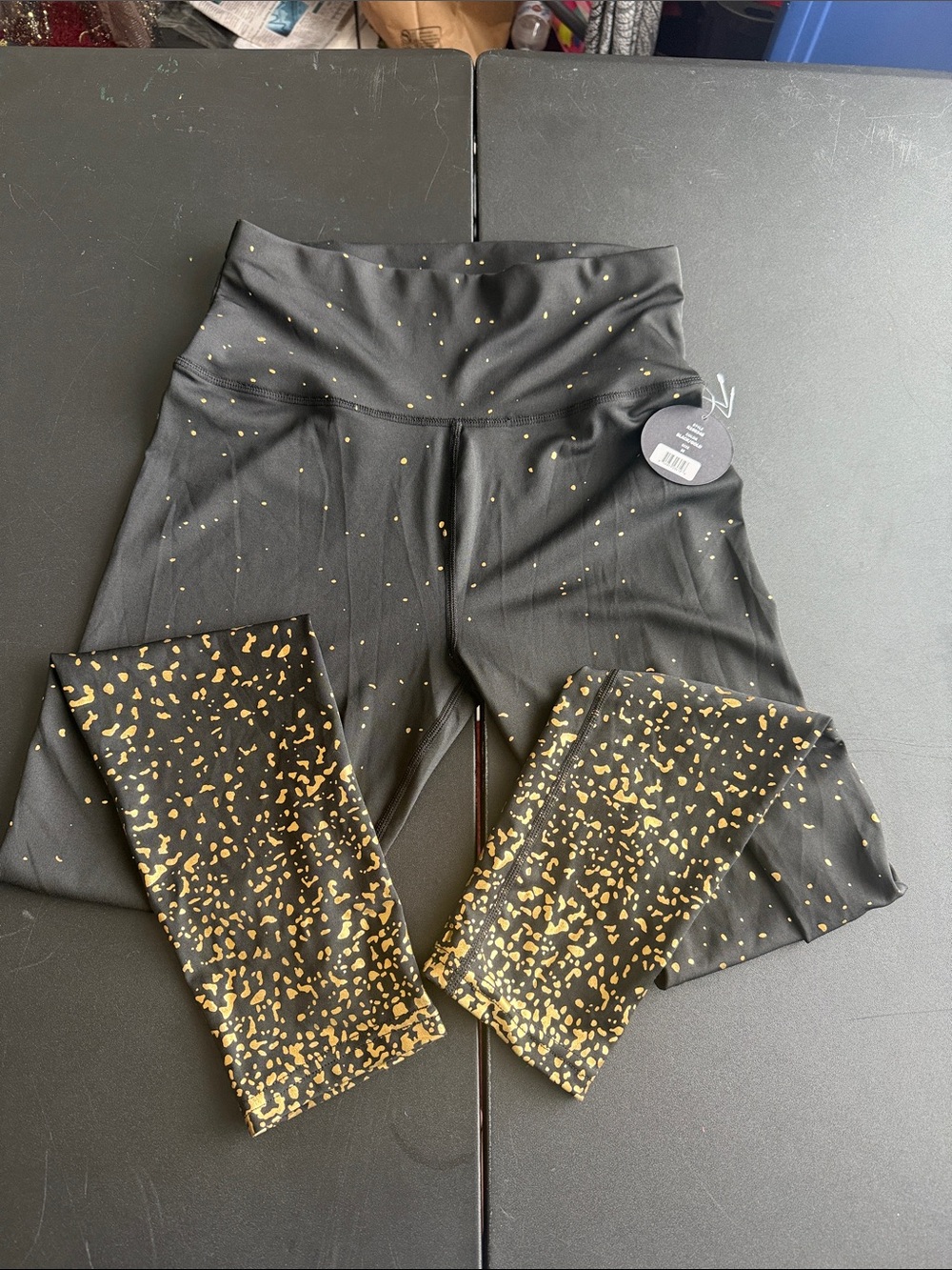 High-Waist Black Leggings with Gold Speckle Print